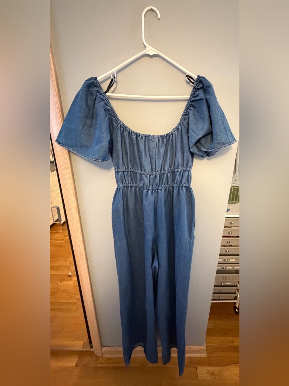 Indigo Blue Off-Shoulder Denim Jumpsuit